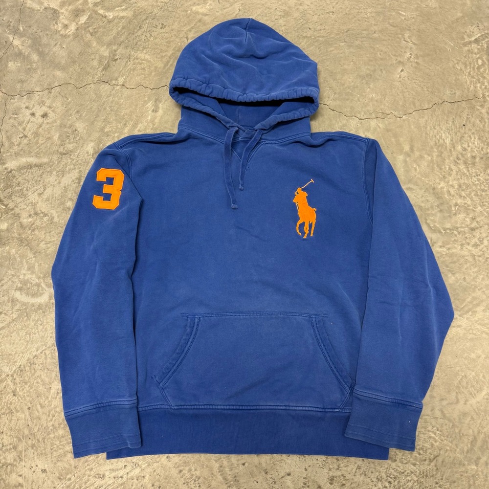 Polo Ralph Lauren Big Pony Hoodie Mens Large Blue Orange Fleece Sweatshirt 3